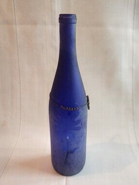 Vintage 12" Cobalt Blue Etched Glass Bottle Incense Holder / Boho Decor